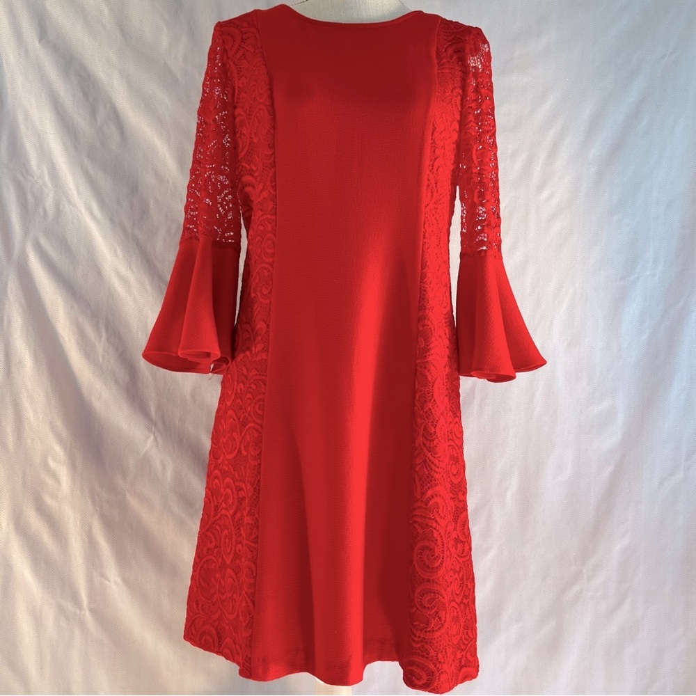 Sandra Darren Dress Red Fit & Flare Lace Sleeves with Bell Cuffs & Panels 6👍
